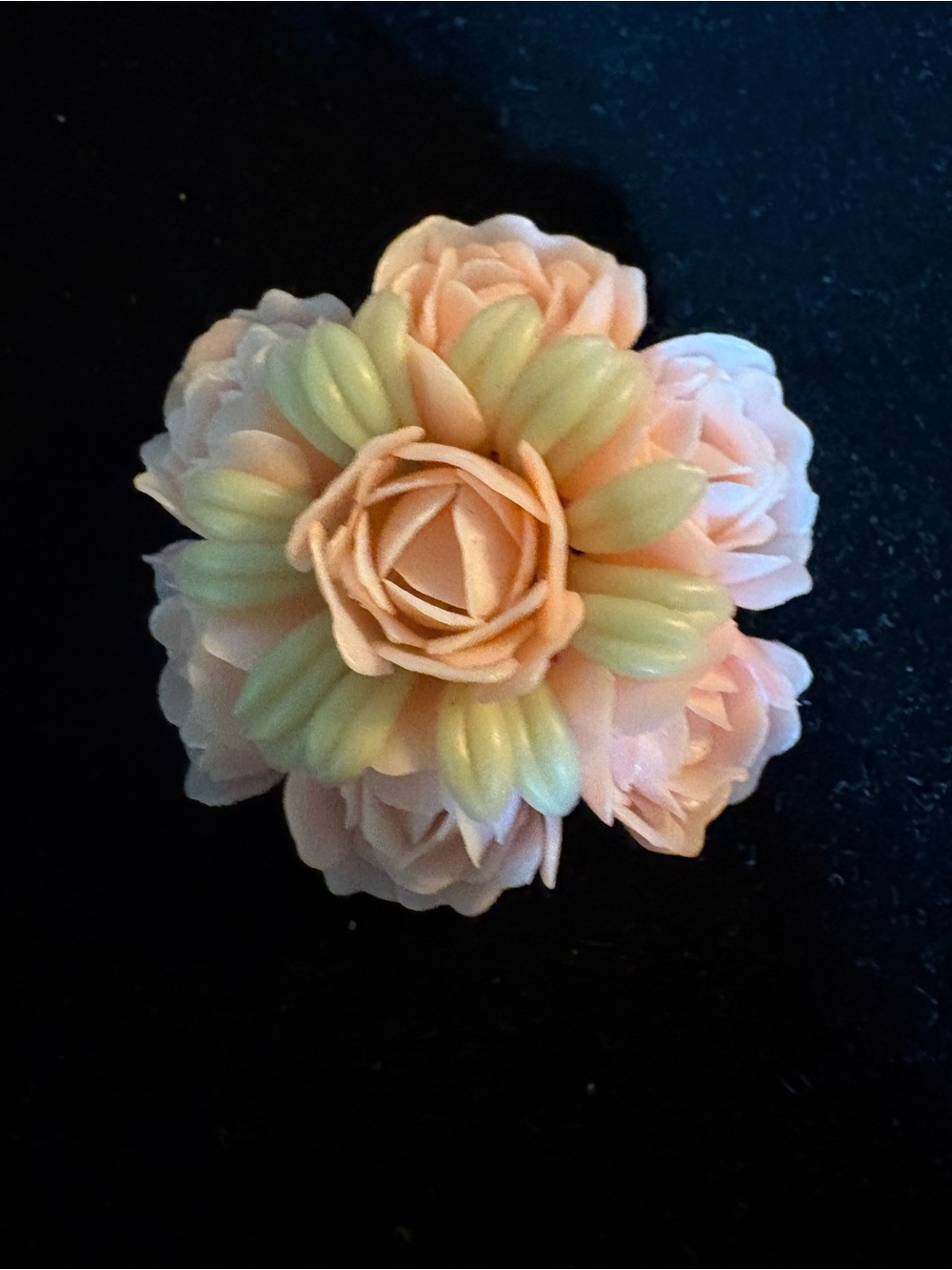 Delicate Pink Flower Brooch with Pale Green Accents (plastic petals - metal back